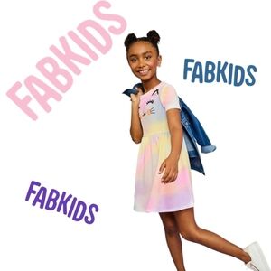 FabKids Sunset Cat Fit & Flare School Dress Pastel TieDye Sz SM 6-7 yrs NWT